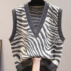 TEMU 가을 겨울 베스트 여성 스웨터 V넥 얼룩말 패턴