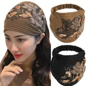 TEMU 2개 세트 빈티지 플로럴 와이드 브림 헤어밴드, 진주 스팽글과 자수 패턴 장식, 에스닉 스타일 디자인, 여성 및 데일리룩에 적합.