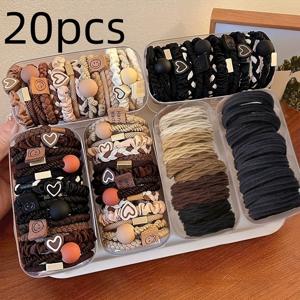 TEMU 스타일 헤어 타이 세트 20개입 - 달콤하고 귀여운 팔찌 스타일 탄성 헤어 타이, 하트와 해피 페이스 장식, 머리카락에 부드러움, 일상 사용에 완벽한 포니테일 헤어 타이