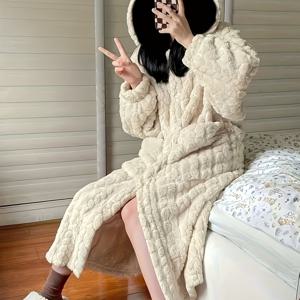 TEMU 여성용 오버사이즈 후드 플러시 패턴 목욕 가운