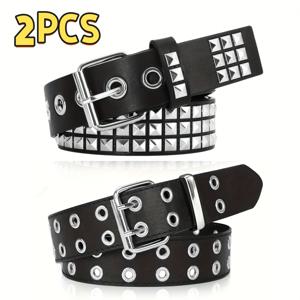 TEMU 2개 Y2K 펑크 록 더블 버튼 벨트 - 반짝이는 리벳이 있는 블랙, 내구성, 남녀 공용, 캐주얼 웨어, 할로윈 선물