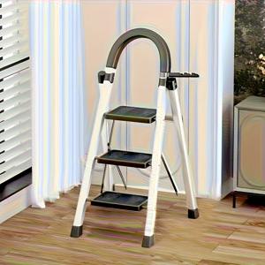 TEMU 1개 강화형 3단 접이식 사다리 (손잡이 포함) - 휴대용 금속 및 플라스틱 스텝 스툴, 튼튼한 미끄럼 방지 그립 계단 & 넓은 베이스로 실내 가정 수리, 차고, 주방, 욕실에 적합 - 모던 디자인 접근성 사다리, 가볍고 트렌디한 내구성 구조, 차고에서 공간 절약형 보관, 아파트 사용자들의 최고의 선택