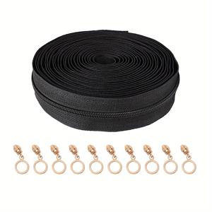 TEMU 1세트, 3호 나일론 지퍼 링 포함, 다양한 색상, 5야드/450cm/177인치 지퍼, 10개 연한 골드 링 풀 포함, 가정용 재봉 DIY 교체용 지퍼