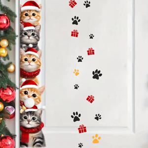 TEMU 셀프 접착식 탈부착 가능한 고양이 모양 크리스마스 벽 스티커 - 반짝이는 태비 & 턱시도 새끼 고양이 데칼, 산타 모자 & 발바닥 프린트, 문, 벽용 필 & 스틱 비닐 - 잔여물 없이 쉽게 제거, 고양이 애호가 선물