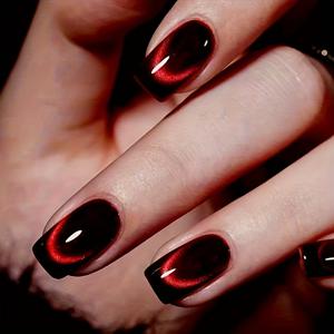 TEMU 24개 할로윈 블랙 앤 레드 그라데이션 스마일 고양이 눈 패션 프레스온 네일, 미디엄 발레 테이퍼드 스타일리시 풀 커버 네일 팁, 재사용 가능한 광택 표면, 여성 및 데이트에 적합.