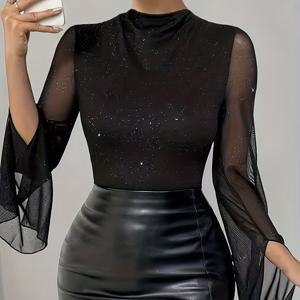 TEMU 세련된 여성용 파티 티셔츠, 기울어진 넥라인, 핏되는 디자인, 반짝이는 원단으로 제작된 스플릿 슬리브, 가을 및 겨울에 적합, 파티, 크리스마스, 직장복, 레이어드 탑, 다용도 블랙 티셔츠로 완벽한 선물입니다.