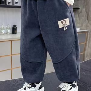 TEMU 남아 겨울 긴 바지, 가을/겨울용 코듀로이 스타일, 따뜻하고 패셔너블한 플리스 안감 트라우저, 만화 디자인, 야외 활동용, 두꺼운|냉장고바지|바지