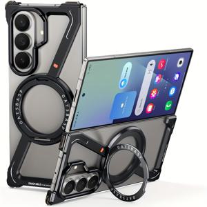 TEMU 휴대폰 케이스 - 원클릭 분해 기능이 있는 업그레이드된 럭셔리 폰 케이스, Z Fold 6 호환, 스타일리시한 Z 디자인의 알루미늄 메탈 프레임리스 360° 회전 마그네틱 스탠드 특징.|폰케이스