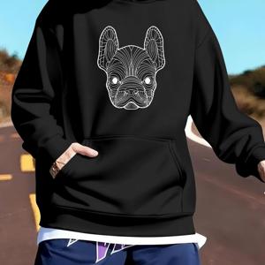TEMU Piersen OBM 남성용 프렌치 불독 라인 후드티 - 흰색 그래픽 프린트가 있는 블랙, 100% 폴리에스터 루즈핏 스트리트웨어 풀오버, 강아지 애호가를 위한 봄/가을 캐주얼 스웨트셔츠