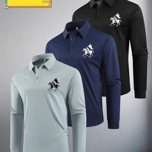 TEMU 남성용 긴팔 폴로 셔츠 3종 세트, 다양한 색상, 고정 프린트, 데일리 외출, 아침 러닝, 비즈니스 미팅, 승마, 조깅에 적합, 남성 스포츠 캐주얼 탑, 남성 레이싱 챔피언십 탑, 트래디셔널 핏