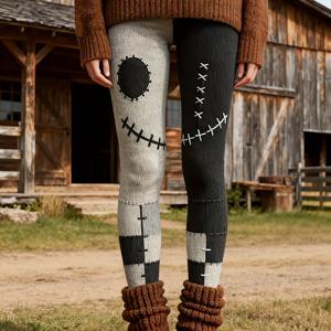 TEMU 하이웨이스트 타이트핏 레깅스 - & -W -디자인 (NS702) - 블랙 & 그레이 - 풀 길이 팬츠 - - -할로윈 코스튬, 캐주얼 웨어, 테마 파티 - - -손세탁 가능 - - -탄력 있는 원단 없음 - - -사계절용