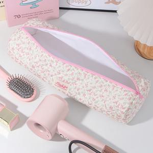 TEMU 여성 소녀용 핑크 딸기 꽃 헤어 드라이어 & 컬링 아이언 케이스 - 귀여운 퀼트 포켓 지퍼 파우치, 접이식 여행용 헤어 도구 정리함, 빗 슬롯 포함, 달콤한 리본 디자인, 드라이어, 스트레이트너, 컬링 로드 보관용