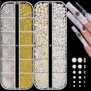 TEMU 네일 아트를 위해 디자인된 흰색 및 베이지색 플랫백 진주 2박스와 은색 및 금색 메탈 네일 비즈가 함께 제공됩니다. 이 고급스러운 진주 네일 참, 보석 및 작은 원형 카비어 비즈는 아크릴 네일 팁 및 매니큐어 액세서리로 사용됩니다.|네일팁