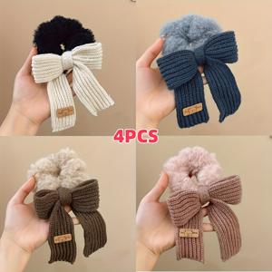 TEMU 4pcs 세트 귀여운 플러시 리본 헤어밴드 - 부드러운 겨울용 헤어밴드, 핑크/네이비/베이지/브라운, 리본 헤어 액세서리 (미끄럼 방지), 파티, 일상 사용 - 포근한 헤어 클립 번들