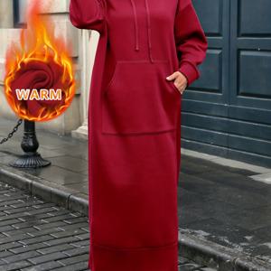 TEMU 플러스 사이즈 - 플러스 사이즈 여성 패션 단색 후드 드레스, 드로스트링 후드 및 대형 포켓 디자인 특징, 스타일리시한 가을/겨울 의상에 적합.|여성원피스|가을원피스|빅사이즈