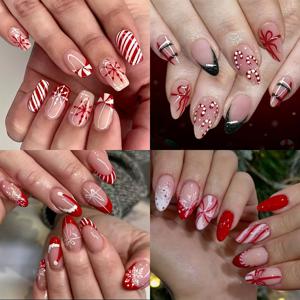 TEMU 96개입 (4가지 스타일) 중간 길이의 아몬드 모양 네일, 스퀘어 크리스마스 레드 프렌치 크리스마스 모자 (글리터 눈꽃 포함), 레드 프렌치 4가지 스타일, 레드 앤 화이트 캔디 눈꽃, 그린 글리터 프렌치 캔디 케인 네일