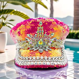 TEMU 블링 라인스톤 캡틴 모자 (여성 & 남성용), 조절 가능한 밀리터리 캡, 반짝이 시퀸 파티 모자, 번링 파티, 테마 파티, 할로윈 데코, 레이브, 코스프레 의상, 디스코, 프롬, 공연 & 새해 파티 용품, 축제 헤드웨어,반짝이는 시퀸 모자,화려한 헤드피스,내구성 있는 원단,가벼운 캡,축제용 머리장식,의상 액세서리,코스프레 애호가,프롬 참석자