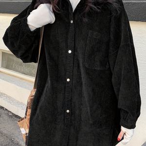TEMU 한국 스타일 오버사이즈 코듀로이 셔츠 재킷 - 솔리드 블랙 롱 슬리브 칼라 버튼 프론트 코트, H-라인 실루엣 겨울 캐주얼 , 가을/겨울용 기계 세탁 가능 루즈핏 아우터웨어