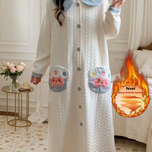 TEMU 여성용 겨울 따뜻한 두꺼운 잠옷 드레스 - 귀여운 하트 포켓, 칼라 긴팔 나이트가운, A라인 나이트드레스 버튼 클로저, 포근한 파자마 (손세탁/드라이클리닝)