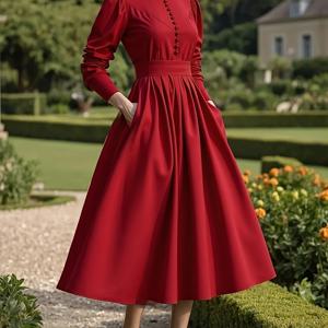 TEMU 여성용 가을/겨울 프렌치 빈티지 레드 드레스, 우아한 벨트 A라인 퍼프 소매 롱 드레스, 긴 소매, 버튼 디테일, 다용도 슬림핏 패션 연회 및 웨딩 드레스, 포켓 포함 | 크리스마스 파티/새해 모임/새해 방문/연간 갈라 드레스, 고급 레드 가운, 클래식 레드 허리 조임 드레스