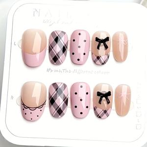 TEMU 10개입 숏 오벌 프레스온 네일 글로시 핑크 & 블랙 체크/깅엄/리본 액센트 인조 네일 - 여성용 쉬운 적용 네일 연장, 웨딩, 파티, 데일리 웨어 (핑크 & 블랙) - 숏 길이 팁 네일 아트