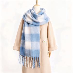 TEMU 여성용 두꺼운 따뜻한 블루 & 체크 스카프 - 양면 겨울 스카프, 태슬 트림, 따뜻한 부드러운 원단, 추운 날씨, 캐주얼 & 포멀 의상 - 세탁기 사용 가능, 우아한 액세서리, 스타일리시 랩, 패션 애호가, 다용도 랩