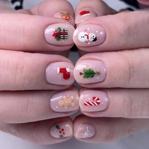 TEMU 24개 크리스마스 네일 아트 프레스온 네일 - 글로시 숏 스퀘어 네일 (눈사람, 크리스마스 트리, 젤리브레드 하우스, 캔디케인, 스타킹, 장갑) - 풀 커버리지, 여성용 가을 & 겨울 파티 장식 - 간편한 부착 인조 네일