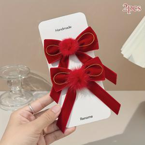 TEMU 2개입 우아한 헤어 보우 클립 - 레드 벨벳 & 골드 보우 헤어 액세서리, 플러시 볼 장식, 올 시즌 파티 & 데일리 헤어 액세서리 (여아용), 발렌타인데이, 크리스마스 선물, 축하 헤어피스, 장식 헤어피스, 머리핀, 리본핀, 여아 머리핀, 헤어악세사리, 헤어핀, 머리핀 여아
