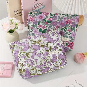 TEMU 여성용 대용량 보라색 라일락 플로럴 프린트 메이크업 파우치 - 브러쉬 홀더 포함 다기능 여행용 화장품 정리함, 핑크/그린/라벤더 토트 스타일 세탁 가능 폴리에스터 케이스, 학생, 크리스마스 및 선물용
