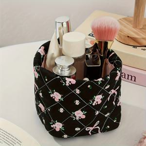 TEMU 프렌치 컨트리 플로럴 보우 & 플라워 프린트 화장품 & 정리 바구니 - 핑크 & 크림 파스텔 메이크업 보관함, 오픈 리드, 내구성 있는 화장대 정리함, 여성, 소녀, 여행, 기숙사, 결혼 선물용 (핑크, 그린, 베이지) - 멀티, 선반 바구니