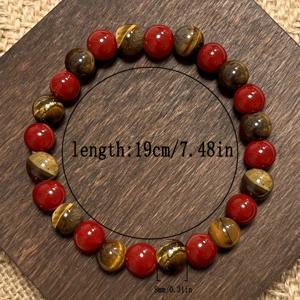 TEMU 1개 8mm 호랑이 눈 돌 & 빨간 인공 비즈 팔찌 - 탄력 있는 스트레치 코드, 여성 및 남성용 돌 비즈, 파티, 결혼식, 일상 사용을 위한 연중 착용 - 우아한 비즈 선물