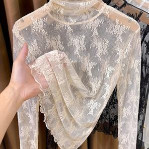 TEMU 여성 레이스 하이넥 긴팔 베이스 레이어 탑, 우아하고 섬세함.