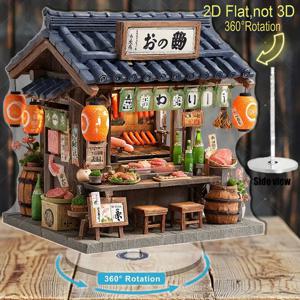 TEMU 2D 평면, 일본 라멘 가게 미니어처 모델 - 360° 회전 탑이 있는 회전 베이스, 전기 불필요, 전통 일본 레스토랑 장면, 스시 카운터, 등불 및 선반 포함 - 아크릴 테이블탑 디스플레이, 홈, 파티, 선물용 (일본식, 2D 평면)