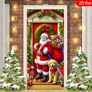TEMU 2D 플랫, 2D 도어 배너, 2D 플랫 플래그, 크리스마스 산타클로스와 강아지 테마 패턴 도어 배너, 인스타 스타일 범용 핏, 겨울 크리스마스 테마 배경 천, 크리스마스 배경 천, 축제 배경, 계절 장식, 축제 디자인, 장식 배너, 2D 플랫