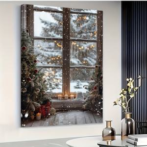 TEMU 2D 평면, 크리스마스 창가 뷰 캔버스 유화 - 빛나는 조명과 눈 덮인 나무가 있는 눈이 내리는 겨울 풍경, 견고한 나무 프레임, 16x24 또는 24x36인치, 거실용 클래식 벽 장식, 축제 분위기의 장식, 크리스마스 장식, 그림 액자포함, 유화그림 액자포함, 그림, 벽 예술, 포스터, 캔버스 포스터, 그림
