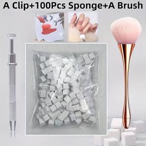 TEMU 3pcs 세트: 100개 스펀지 + 1개 클립 + 1개 롱핸들 브러시, 네일 아트, 옴브레 페인팅 및 청소용, 순백색 비빠짐 스펀지, 풍성한 브러시의 밀도 높은 롱핸들 브러시