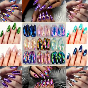 TEMU 216개 3D 사각형 전기 도금 슈퍼 글리터 네일 세트, 멀티컬러 믹스 앤 매치 매니큐어 키트 (미디엄-롱 아몬드 네일) - 스타일리시 고딕 스타일 탈부착 디자인의 고급스러운 인조 손톱으로 손가락의 매력 표현, 네일 아트 용품