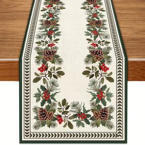 TEMU 1개 도크리 크리스마스 테이블 러너 - 소나무 콘 & 홀리 베리 가랜드 포함, 베이지 그린 레드 화이트 팜하우스 주방 식당 실내/야외 휴일 장식, 직사각형 크리스마스 러너, 벽난로, 뷔페, 파티 장식용