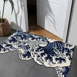 TEMU 8mm 두께 - 영감을 준 바다 파도 매트 - 미끄럼 방지 뒷면이 있는 플러시 샤그 매트, 파란색 & 흰색 호쿠사이 쓰나미 디자인, 거실, 침실, 발코니용 부드러운 바닥 매트 - 불규칙한 파도 패턴 (손세탁 가능)