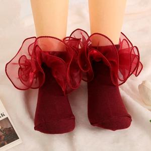 TEMU 1쌍 여아용 버건디 러플 앵클 양말 - 레이어드 레이스 트림 & 탄성 오프닝 - 발레 연습, 발레 공연, 리사이틀용 포인트 슈즈 스타일 - 사계절 손세탁 전용 (청소년용)