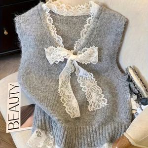 TEMU 컨트라스트 레이스가 돋보이는 우아한 V넥 조끼 | 신상 가을/겨울 여성 스웨터, 데일리 출퇴근을 위한 스위트 & 캐주얼 스타일
