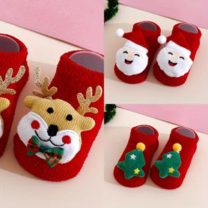 TEMU 3켤레 아기 양말 | 두꺼운 산호 양털 숏 양말 유아용, 미끄럼 방지 크리스마스 디자인, 니트 원단, 엘라스테인