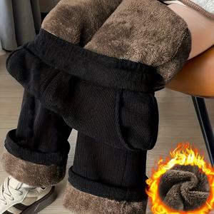 TEMU 여성용 코리안 스타일 겨울 코듀로이 와이드 레그 팬츠 - 포켓이 있는 플러시 트라우저, 두꺼운 보온 바텀 (진베이), 추운 날씨용 캐주얼 롱 팬츠 (손세탁 가능, 코리안 패션 아우터웨어)