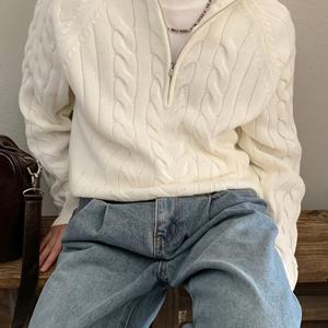 TEMU 남성 캐주얼 하이넥 집업 긴팔 니트 스웨터 | 사계절, 단색, 중간 정도 신축성 원단, 캐주얼 및 주말 착용을 위한 레귤러 핏