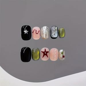 TEMU 10개 세트 핸드페인팅 프레스온 네일 - 숏 스퀘어 스타 & 캣아이 마블 글로시/글로시 블랙/그린/골든 팁, 탈부착 가능한 여성용 매니큐어 키트, 파티, 웨딩, 프롬용 (접착제 불필요)
