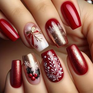 TEMU 24개 세트 레드 & 광택 크리스마스 인조 네일 패치, 눈송이 & 리본 탈부착 네일 장식, 손, 네일, 겨울 파티, 휴일 이벤트용