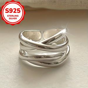 TEMU 925 실버 불규칙 라인 교차링, 파티 및 데일리 착용을 위한 조절 가능한 오픈형 디자인 - 기념일 & 생일 선물로 완벽, 빈티지 스타일