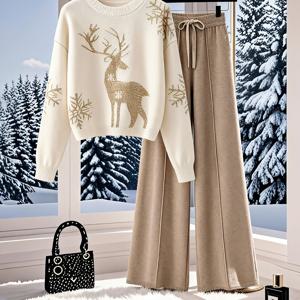 TEMU 가을/겨울 신상 니치 가디건 여성 디자인 레이지 스타일 스웨터 투피스 세트, 살구색 패턴 루즈 라운드넥 탑, 여성 팬츠, 도시 출퇴근 베이직 다용도, 우아한 패션 캐주얼 휴가 스타일, 패턴 니치 가디건, 할로윈 크리스마스 휴일 의상, 스타일 의류, 핀터레스트 의상, 인기 한국 구매, 데이트 선물, 여성 의류