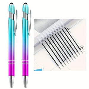 TEMU 12개입 블루-퍼플 그라데이션 메탈릭 펜, 귀여운 글리터가 있는 휴대용 볼펜, 1.0mm 직경, 펜 2개 + 리필 10개 포함, 다이어리 쓰기, 학교 문구류, 신학기 용품, 선생님 선물용 블랙 가는 팁 선물 펜
