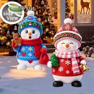 TEMU 2D 평면, 2개 세트 야외/크리스마스 정원 장식 - 스노우맨 잔디 피규어, 간편한 폴 설치, 내구성 플라스틱 2D 평면 겨울 캐릭터 (빨강/초록/하양) - 클래식 스노우맨, 현관 및 파티 장식용, 2D 평면